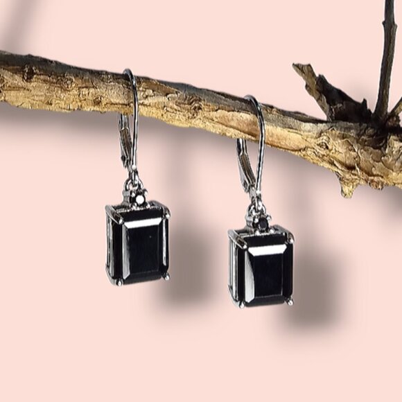 BBJ 925 Sterling Silver Dangle Earrings Black Onyx Emerald Cut Lever Backs - Picture 1 of 11